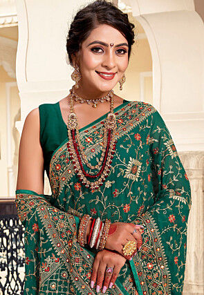 Embroidered Georgette Saree in Teal Green