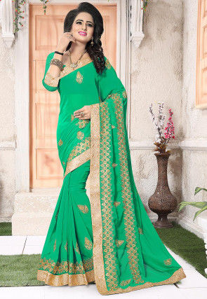 Embroidered Georgette Saree in Teal Green