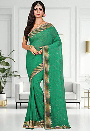 Embroidered Georgette Saree in Teal Green