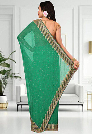 Embroidered Georgette Saree in Teal Green