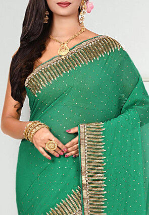 Embroidered Georgette Saree in Teal Green
