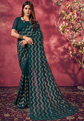 Embroidered Georgette Saree in Teal Green