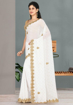 Embroidered Georgette Saree in White