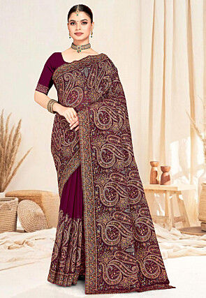 Embroidered Georgette Saree in Wine