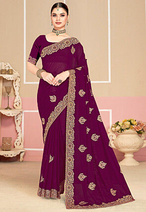 Embroidered Georgette Saree in Wine
