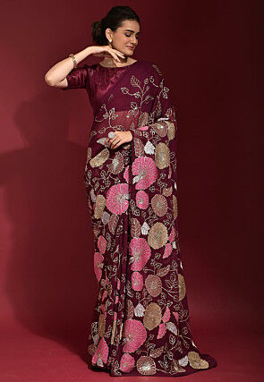 Embroidered Georgette Saree in Wine