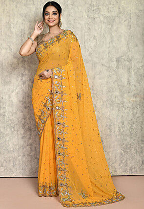 Embroidered Georgette Saree in Yellow
