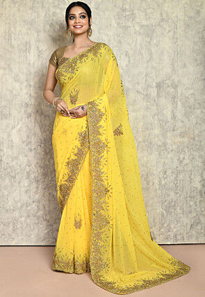 Embroidered Georgette Saree in Yellow