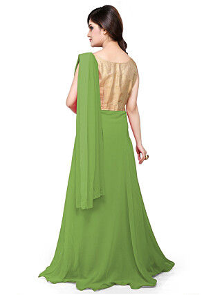 Embroidered Georgette Saree Style Gown in Green and Beige