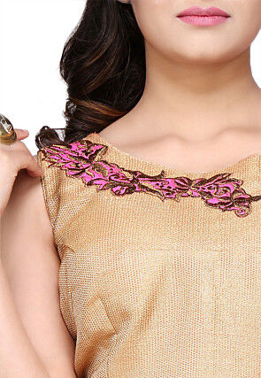 Embroidered Georgette Saree Style Gown in Green and Beige