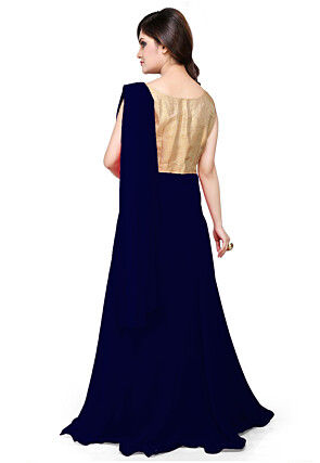 Embroidered Georgette Saree Style Gown in Navy Blue and Beige