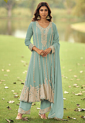 Embroidered Georgette Scalloped Anarkali Suit in Light Blue