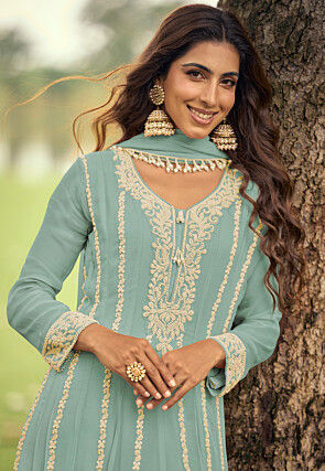 Embroidered Georgette Scalloped Anarkali Suit in Light Blue