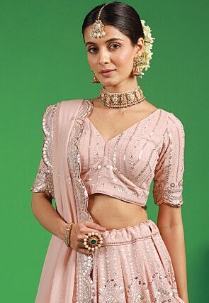 Embroidered Georgette Scalloped Lehenga in Light Pink