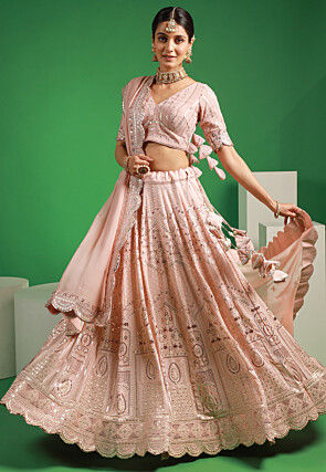 Embroidered Georgette Scalloped Lehenga in Light Pink