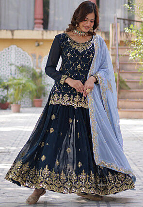 Embroidered Georgette Scalloped Lehenga in Navy Blue
