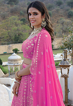 Embroidered  Georgette Scalloped Lehenga in Pink