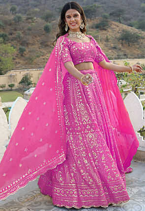 Embroidered  Georgette Scalloped Lehenga in Pink