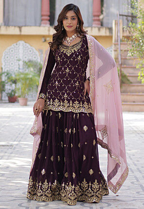 Embroidered Georgette Scalloped Lehenga in Purple