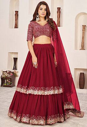 Embroidered Georgette Scalloped Lehenga in Red