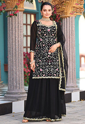 Embroidered Georgette Scalloped Pakistani Suit in Black