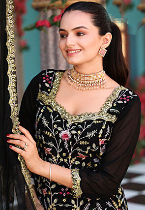 Embroidered Georgette Scalloped Pakistani Suit in Black