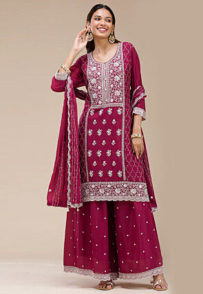Embroidered Georgette Scalloped Pakistani Suit in Dark Pink