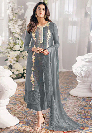 Embroidered Georgette Scalloped Pakistani Suit in Grey