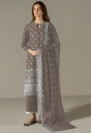 Embroidered Georgette Scalloped Pakistani Suit in Grey