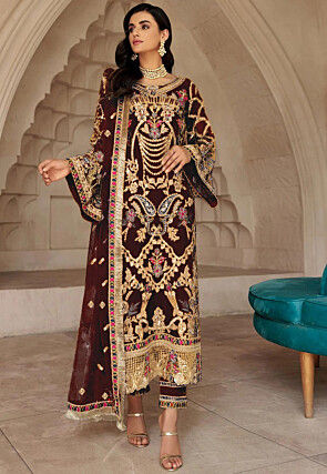 Embroidered Georgette Scalloped Pakistani Suit in Maroon