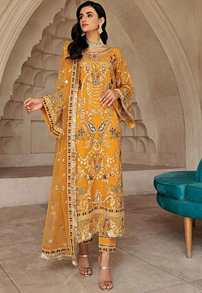 Embroidered Georgette Scalloped Pakistani Suit in Mustard