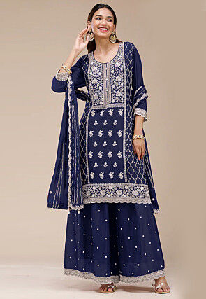 Embroidered Georgette Scalloped Pakistani Suit in Navy Blue