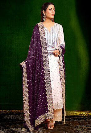 Embroidered Georgette Scalloped Pakistani Suit in Off White