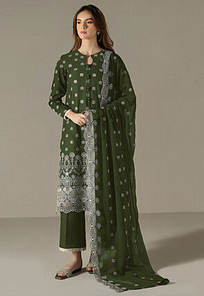 Embroidered Georgette Scalloped Pakistani Suit in Olive Green
