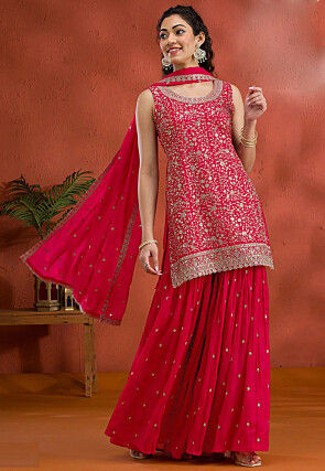 Embroidered Georgette Scalloped Pakistani Suit in Red