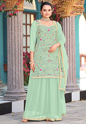 Embroidered Georgette Scalloped Pakistani Suit in Sea Green