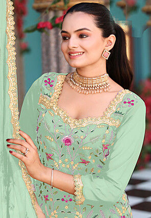 Embroidered Georgette Scalloped Pakistani Suit in Sea Green