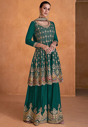 Embroidered Georgette Scalloped Pakistani Suit in Teal Green