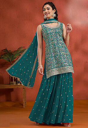Embroidered Georgette Scalloped Pakistani Suit in Teal Green