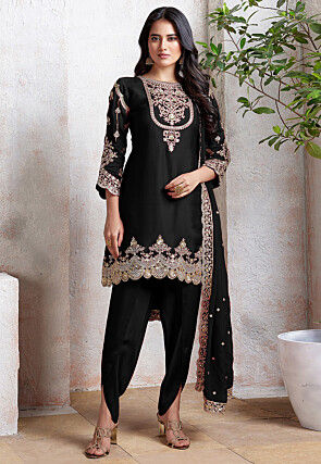 Embroidered Georgette Scalloped Punjabi Suit in Black