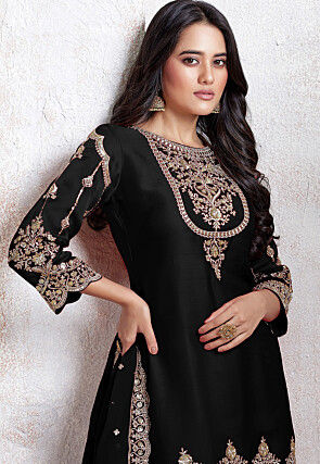 Embroidered Georgette Scalloped Punjabi Suit in Black