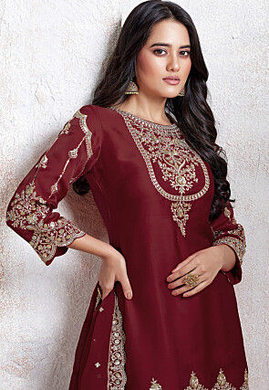 Embroidered Georgette Scalloped Punjabi Suit in Maroon