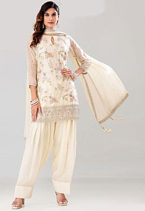 Embroidered Georgette Scalloped Punjabi Suit in Off White
