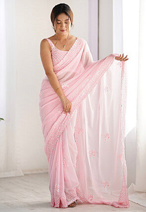 Embroidered Georgette Scalloped Saree in Baby Pink