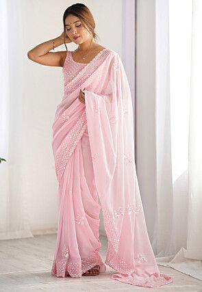 Embroidered Georgette Scalloped Saree in Baby Pink