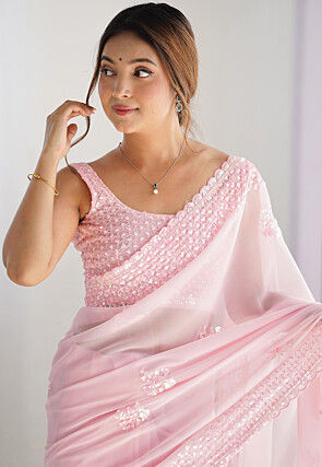 Embroidered Georgette Scalloped Saree in Baby Pink