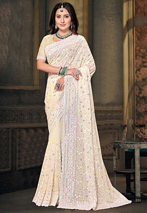 Embroidered Georgette Scalloped Saree in Beige