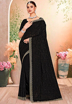 Embroidered Georgette Scalloped Saree in Black