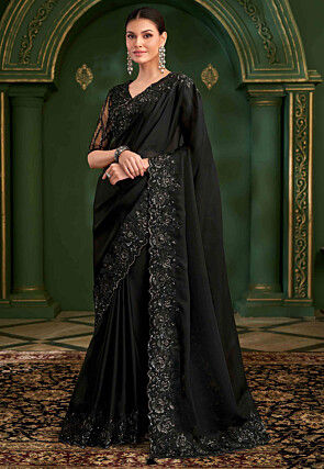 Embroidered Georgette Scalloped Saree in Black