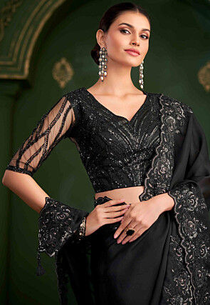 Embroidered Georgette Scalloped Saree in Black